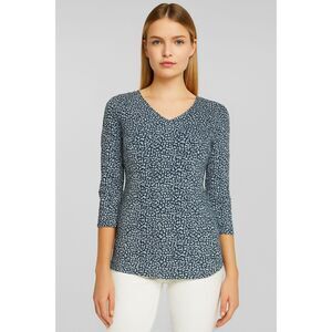NWT Hugo Boss Women’s V-Neck Top S Blue White Print 3/4 Sleeve Stretch Blouse